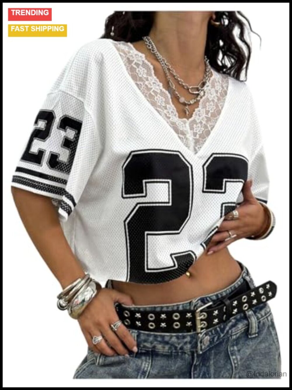 Lace Mesh Jersey V Neck Off Shoulder Crop Top Tee Y2K Streetwear